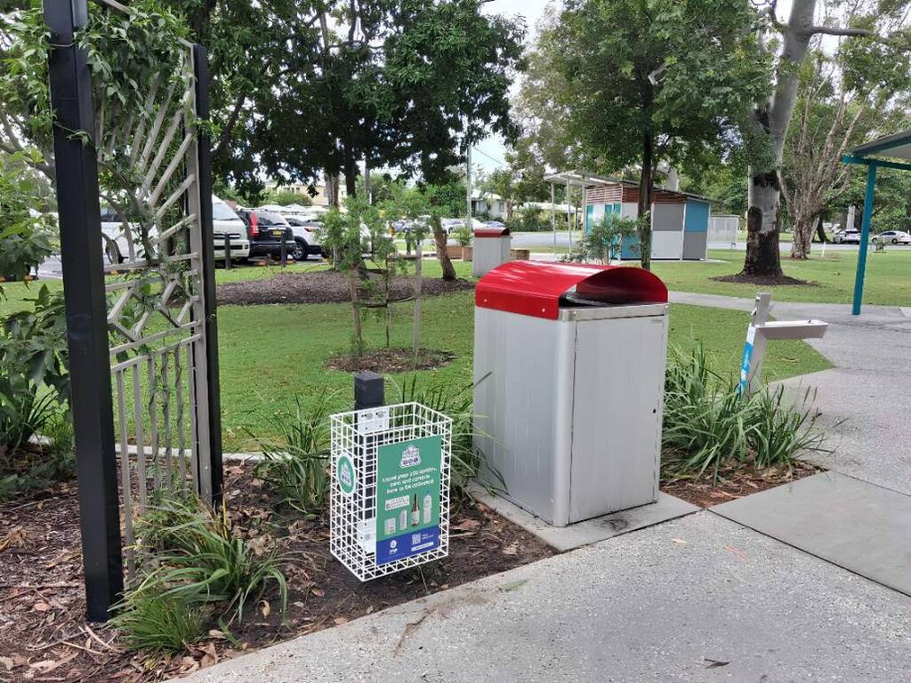 A Return and Earn bin basket at Turnock Park, Chinderah.