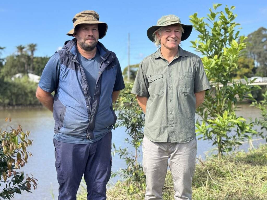Tom and Matthew inspect the restored riverbank on Matthews farm