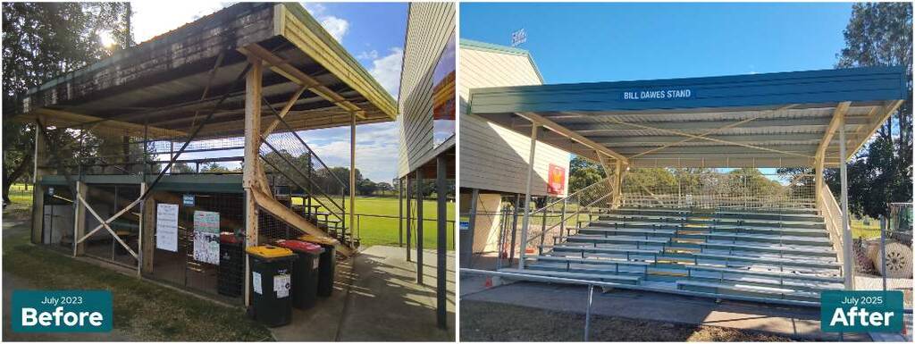 The Bill Dawes Stand at John Rabjones Oval, Murwillumbah: before works in 2023 (left) and restored in 2025 (right).