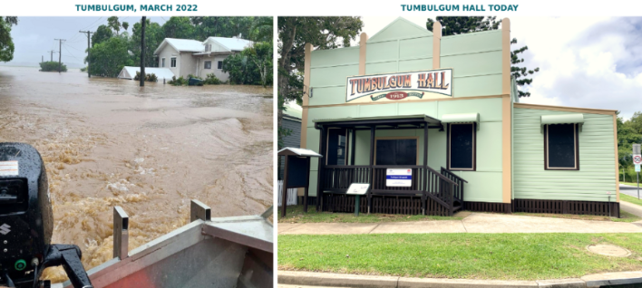 Tumbulgum Hall in March 2022 (left) and today, following upgrades jointly funded by the Australian and NSW governments.
