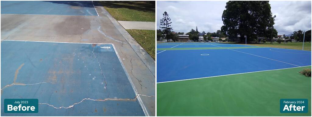 Knox Park netball courts, Murwillumbah: the cracked surface in 2023 (left) and resurfaced courts in 2024 (right).