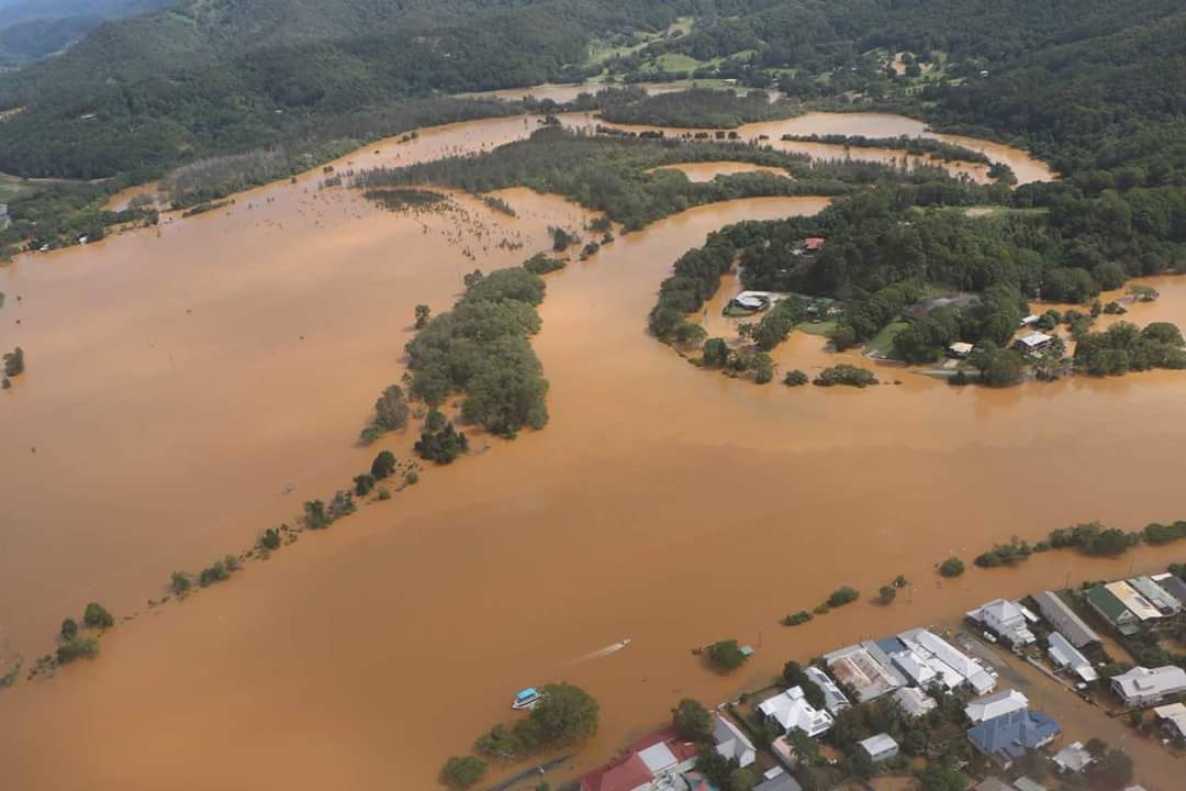 Aerial view of the Tweed and Rous rivers during the March 2017 flood, showing the extent of inundation at Tumbulgum.