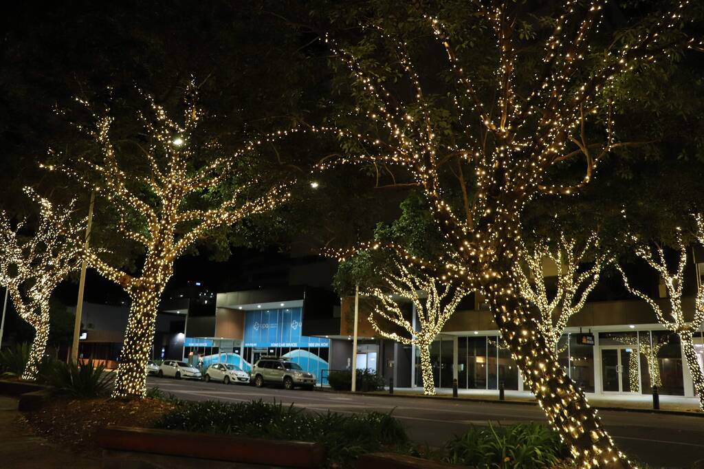 Decorative fairy lights bring a warm glow to the trees along Bay and Wharf streets.