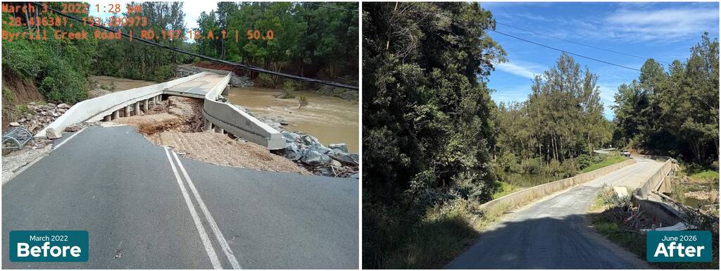 Byrrill Creek bridge, before and after restoration.