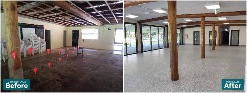 The clubhouse at Vic Bianchetti Sportsground, Uki, stripped back after the 2022 floods (left) and rebuilt by 2025 (right), with the original timber poles retained through the rebuild.